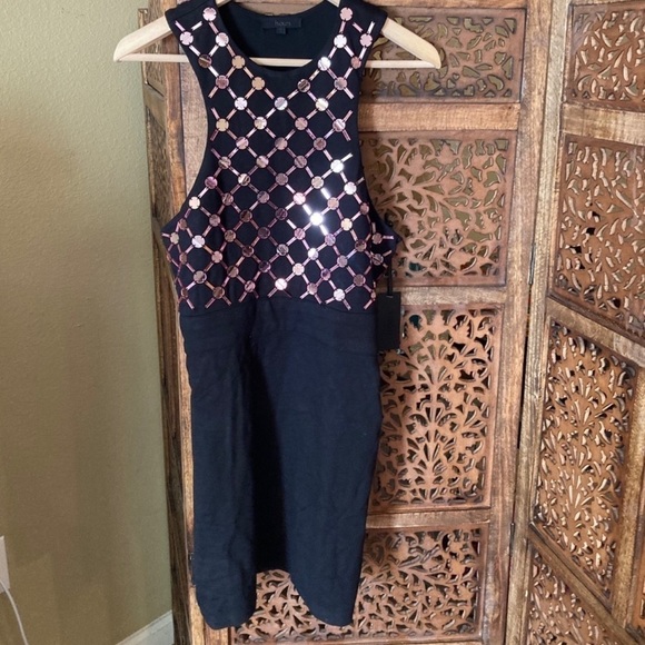 NWT H:OURS x REVOLVE Black & Rose Gold Embellished Bodycon Cocktail Mini Dress - Picture 2 of 6
